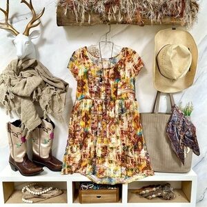 Multicolor AZTEC boho tunic/mini Dress w southwestern hippy vibe